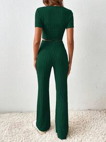 SHEIN Frenchy Women's Square Neck Ribbed Short Sleeve T-Shirt And Pants Two Pieces Set - Dark Green - View 2