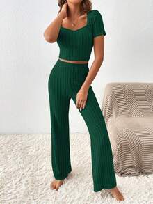 SHEIN Frenchy Women's Square Neck Ribbed Short Sleeve T-Shirt And Pants Two Pieces Set - Dark Green - View 3