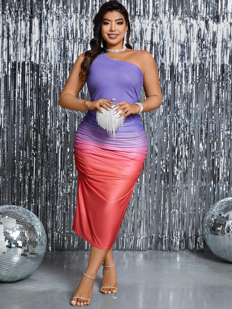 Plus Size Women'S Ombre One Shoulder Sleeveless Dress