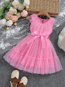 新款女孩無袖v領蕾絲公主裙,束腰帶設計 - 粉色 - 查看 3