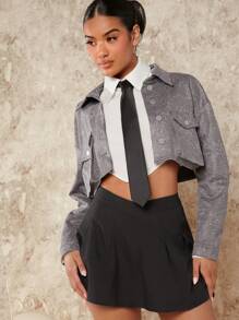 Hauture Flap Pocket Drop Shoulder Crop Jacket - Grey - View 1