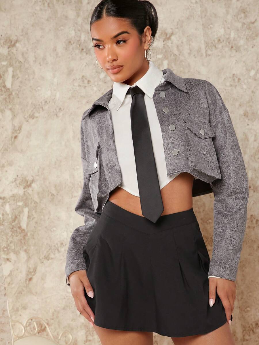 Hauture Flap Pocket Drop Shoulder Crop Jacket - Grey - View 1
