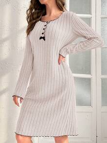 Color Block Trimmed Homewear Sleep Dress - Apricot - View 5