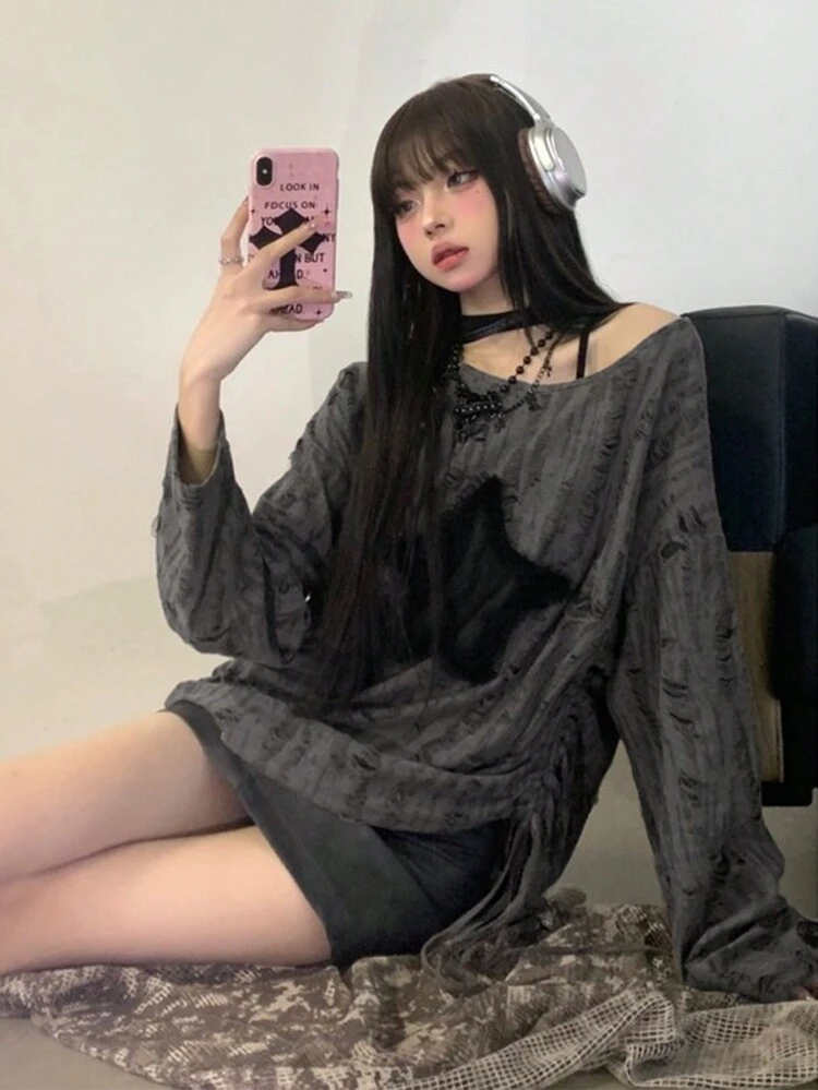 Women's Fashion Y2K Five-Pointed Star Print Side Drawstring Long Sleeve T-Shirt - Dark Grey - View 5