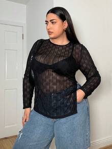 SHEIN Essnce Của phụ nữ Kích thước lớn Bán tuyệt đối Lưới Kết cấu Chất vải Vòng cổ Đen Áo Đối với Ngày đêm Và Buổi tiệc - màu đen - Xem 3