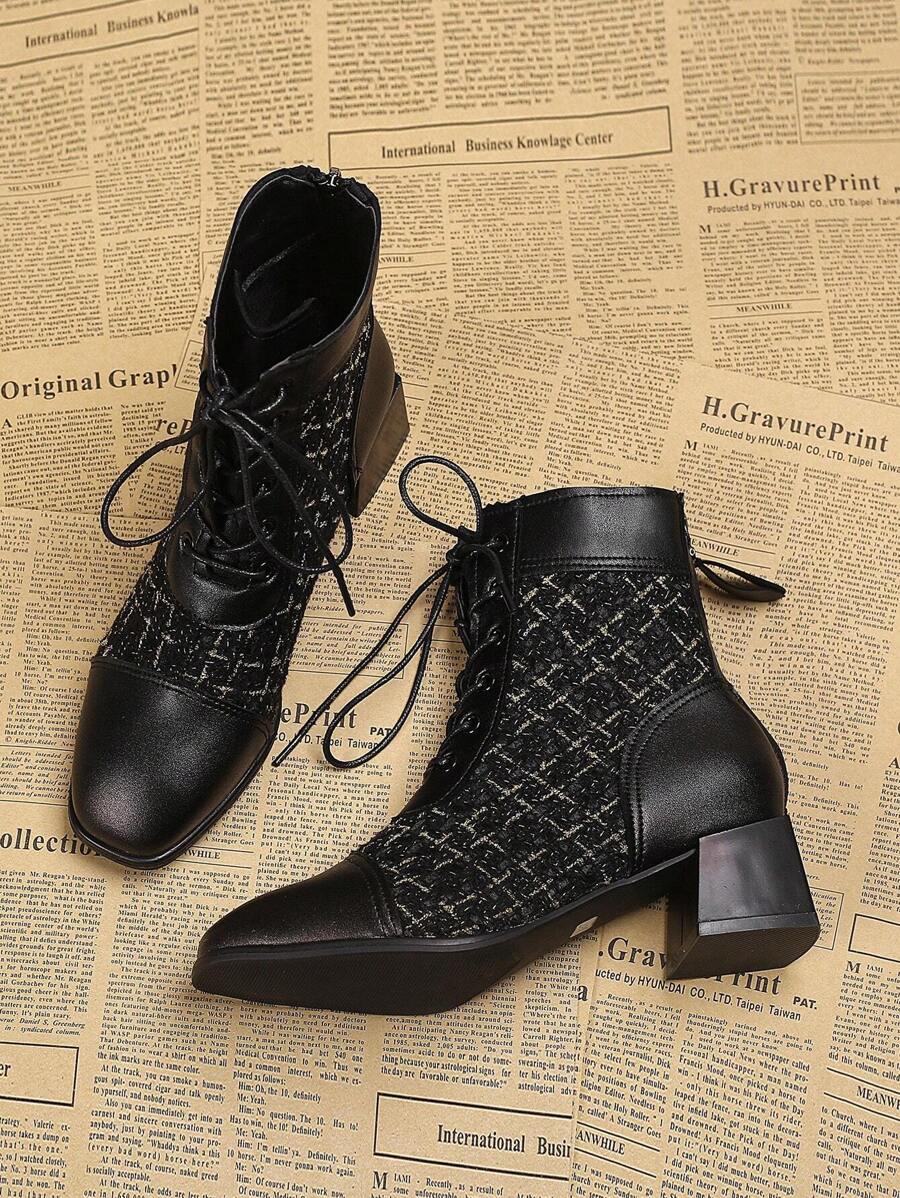 2022 年春秋季新款保暖内衬踝靴女式中跟系带靴，百搭 - 黑色 - 查看 1