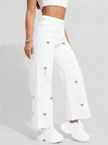 SHEIN EZwear Của phụ nữ quần ống rộng Denim Quần jean Với Thêu trái tim - trắng - Xem 3