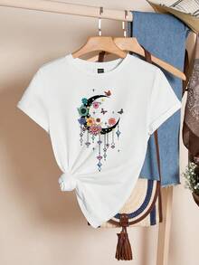 SHEIN LUNE 女士休闲斋月蓝粉花卉基本款宽松T恤 - 白色 - 查看 2