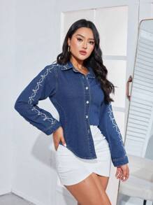 SHEIN Privé 女士刺繡牛仔上衣 - 深色水洗藍 - 查看 4