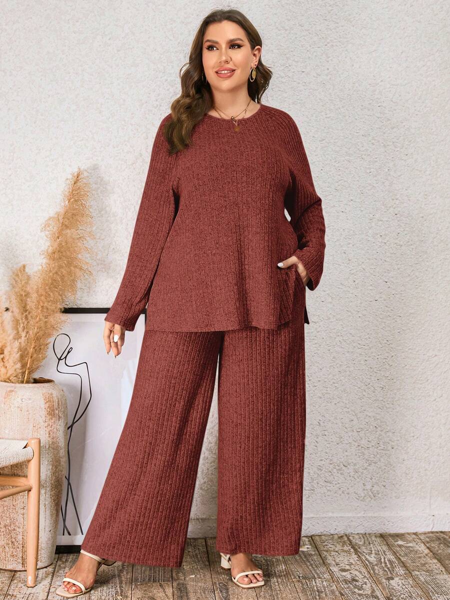 SHEIN LUNE Conjunto De Dos Piezas De Punto Acanalado Sólido De Talla Grande - Color caoba - Ver 1