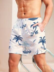 ZELFYO Men's Palm Tree Graphic Printed Beach Shorts Pool Shorts, For Beach, Vacation,Hawaiian - Apricot - View 4