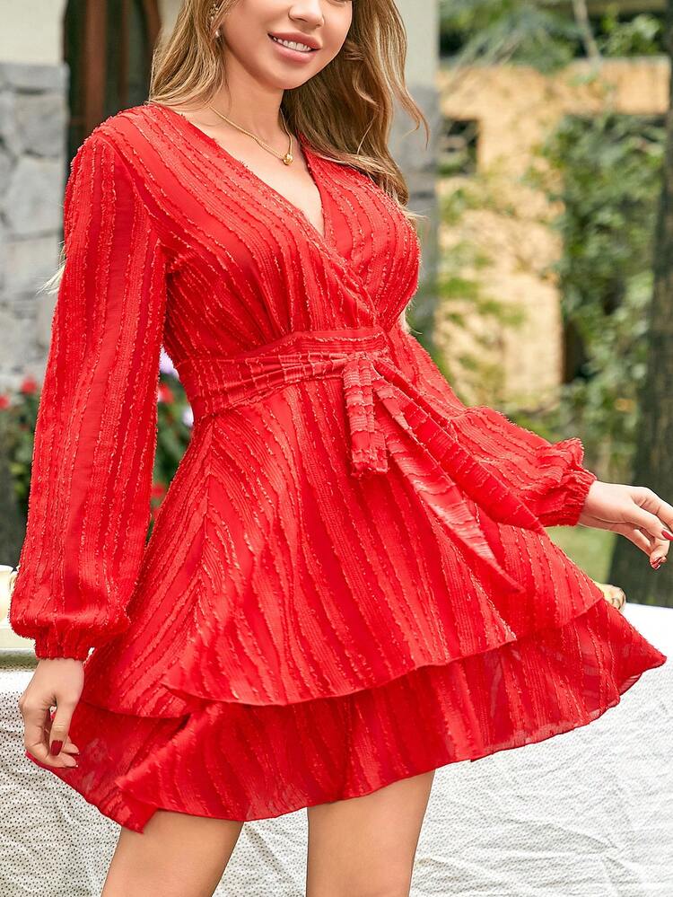 Women's Lantern Sleeve Wrap Neck Belted Dress Fall Cloth For Women