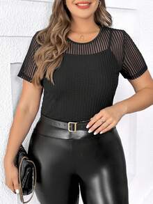 SHEIN Clasi Plus Size Women'S Striped Mesh Top - Black - View 5