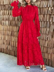 SHEIN LUNE Đứng cổ áo Tay áo chuông Cắt dán Váy hoa - Đỏ - Xem 3