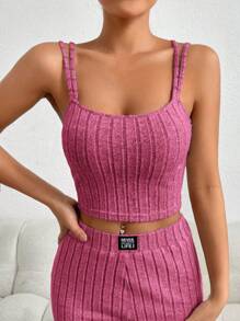 SHEIN EZwear 夏季實色短款針織背心上衣 - 玫紅色 - 查看 4