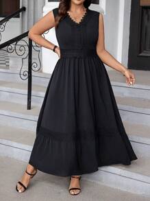 Breezaya Kích thước lớn Cổ chữ V Ren Nghệ Embellished Váy không tay - màu đen - Xem 3