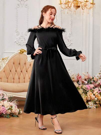 SHEIN 少女們的草編拼接修邊喇叭袖背心連身裙