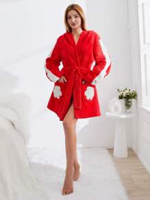 SHEIN Cottnline Contrast Side Seam Cartoon Graphic Hooded Belted Flannel Robe - Orange - View 4