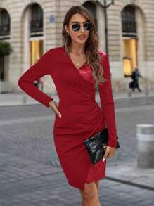 SHEIN Clasi 女裝拼接褶皺包裝裙 - 紅色 - 查看 3