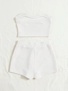 Soleia Ladies Solid Color Strapless Top And Shorts Set - White - View 3