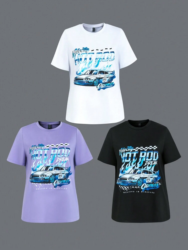 3pcs Car & Letter Printed Short Sleeve T-Shirts