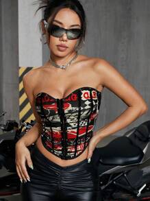 ROMWE PUNK 女式钩针前抹胸上衣，学校，女士休闲不对称，索环孔眼，系带露肩修身多色图案，字母女式上衣，春夏，休闲日常穿着 - 彩色 - 查看 6