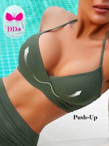 SHEIN Swim DD+ 码绿色聚拢系带泳衣上衣，无钢圈夏季 - 軍綠色 - 查看 4