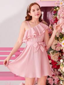 SHEIN Teen Girls' Woven Solid Color Double Layer Ruffle Trim Casual Dress - Pink - View 1