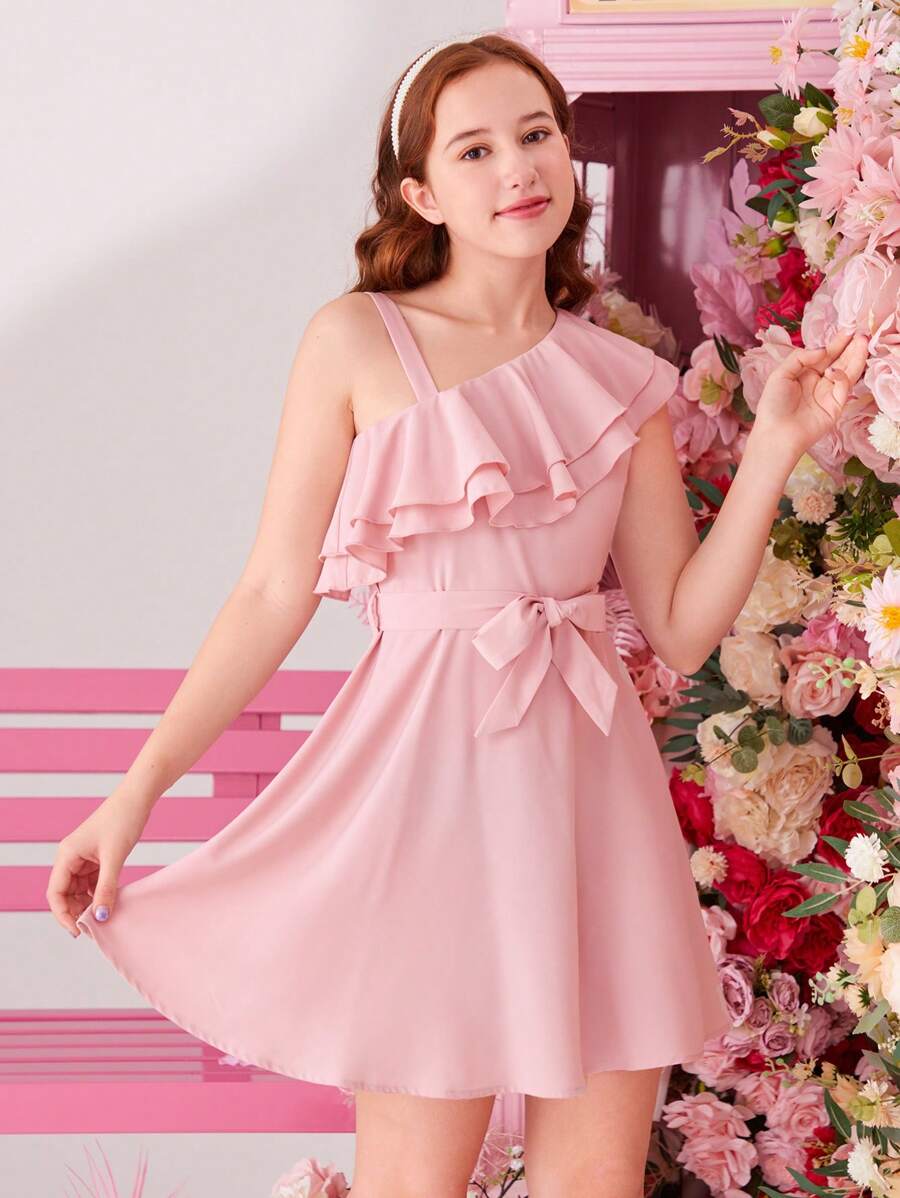 SHEIN Teen Girls' Woven Solid Color Double Layer Ruffle Trim Casual Dress - Pink - View 1