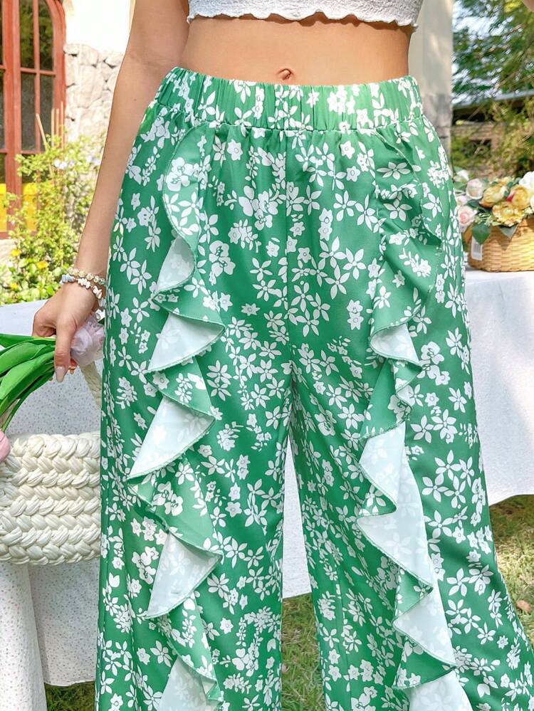 Floral Print Ruffle Hem Detail Decorated Pants
