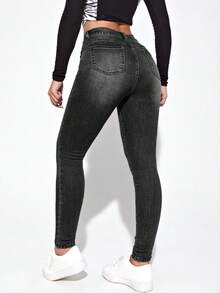 SHEIN Essnce 女用貓須設計修身牛仔褲 - 深灰色 - 查看 2