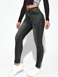 SHEIN Essnce 女用貓須設計修身牛仔褲 - 深灰色 - 查看 3