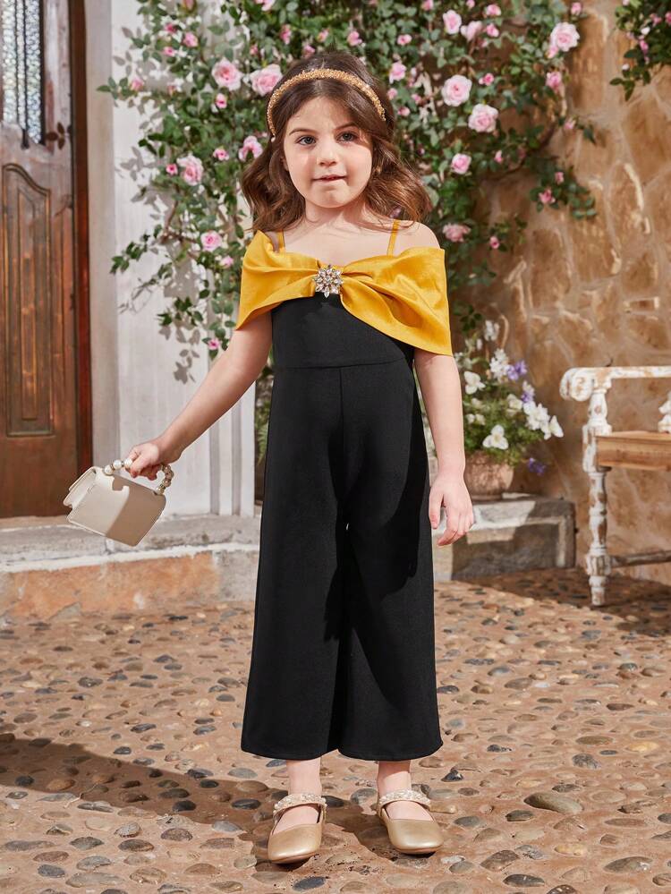 Young Girl's Colorblocking Sleeveless Jumpsuit With Hollow Out Detailing And Rhinestone Decorated Buckle On Shoulder Straps