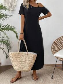 EMERY ROSE Solid Color Asymmetrical Neckline Slanted Pocket Side Slit Dress Maxi Women Outfit - Black - View 5