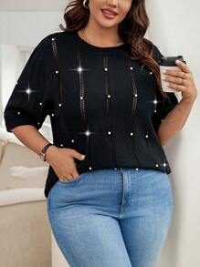 Calvaya Plus Size Women'S Knitted Top With Faux Pearl And Hollow Out Design - Black - View 4