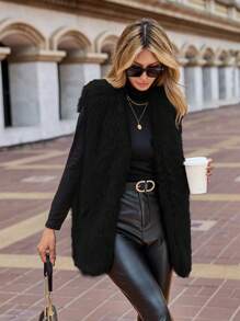 SHEIN Clasi Women's Sleeveless Plush Coat - Black - View 3