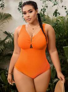 SHEIN Swim Curve Plus Size Summer Beach Textured One-Piece Swimsuit Bathing Suit - Orange - View 1