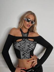 SHEIN ICON Camiseta De Manga Larga Con Cuello Halter Y Encaje Recortado - Negro - Ver 1