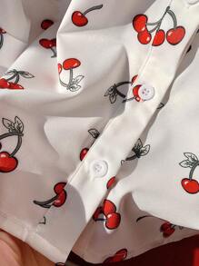SHEIN Comfortcana Women'S Short Cherry Printed Crop Blouse,Short Sleeve Tops - White - View 6