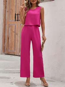 SHEIN VCAY Solid Color Casual 2pcs/Set - Hot Pink - View 3