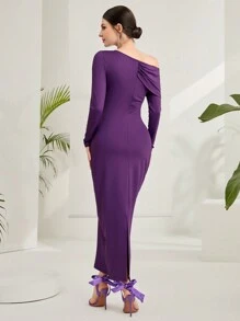 Modelyn 女式不对称领口长袖连衣裙长款晚礼服 - 紫色 - 查看 2