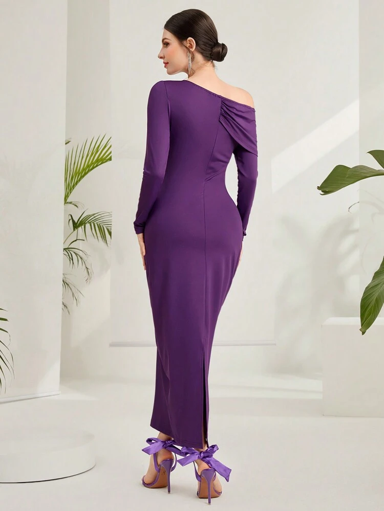 Women'S Asymmetrical Neckline Long Sleeve Dress Long Evening Dresses Fall Cloth For Women