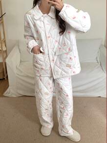 DAZY Conjunto de pijama grueso con estampado de dulces por todas partes para otoño e invierno - Blanco - Ver 4