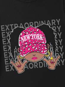 SHEIN Tween 女孩字母和人物印花短袖 T 恤和短褲套裝 - 玫紅色 - 查看 5