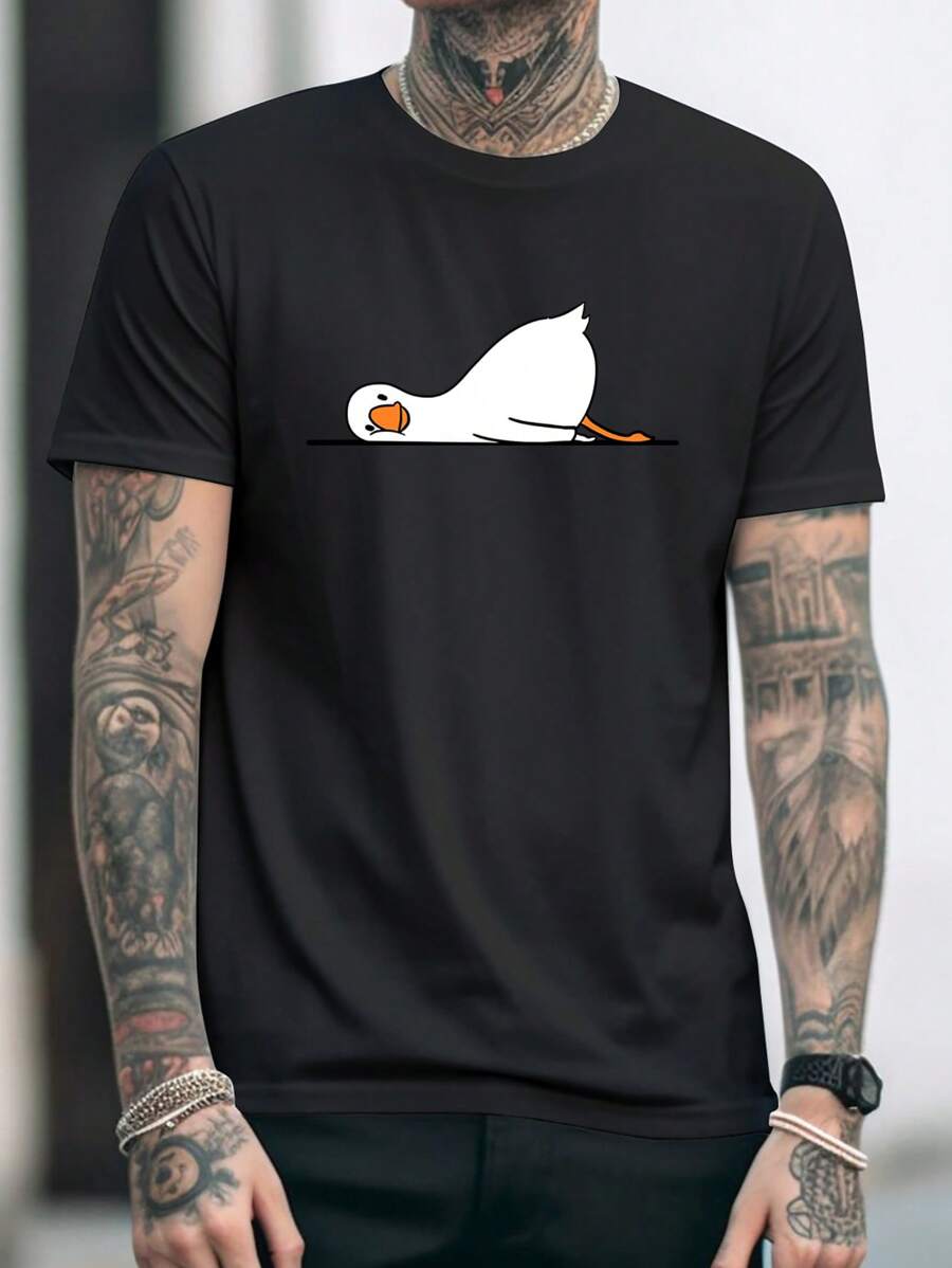 Men's Cartoon Duck Pattern Round Neck Short Sleeve Casual T-Shirt - Black - View 1