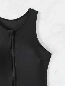 SHEIN Swim 女式半前拉鍊連身泳衣 音樂節 - 黑色 - 查看 6