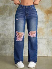 Y2K Street Solid Ripped Slant Pockets Baggy Straight Leg Jeans Daily Casual Denim Pants - Blue - View 4
