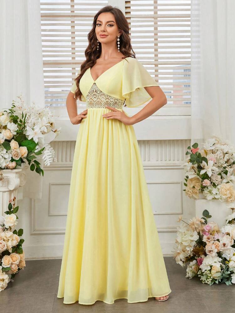 Elegant, Feminine And Romantic Woman, Elegant Chiffon, Sweetheart Neckline, Lotus Leaf Sleeves, Waist Stitching, Lace Waist Gathered Pleats, Volumetric Umbrella Hem, Light Yellow Spring Wedding Season Easter Ball Bridesmaid Dress