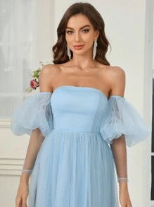 SHEIN Belle 优雅浪漫公主裙露肩泡泡袖网眼面料女士鸡尾酒会礼服婚礼新娘礼服 - 藍色 - 查看 6