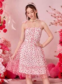 少女撞色网眼爱心印花吊带连衣裙 - 白色 - 查看 1